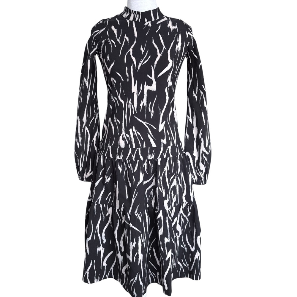 Noni Long-Sleeve Zebra Black White Print Fit & Flare Midi Dress Small Party Date - Picture 2 of 7